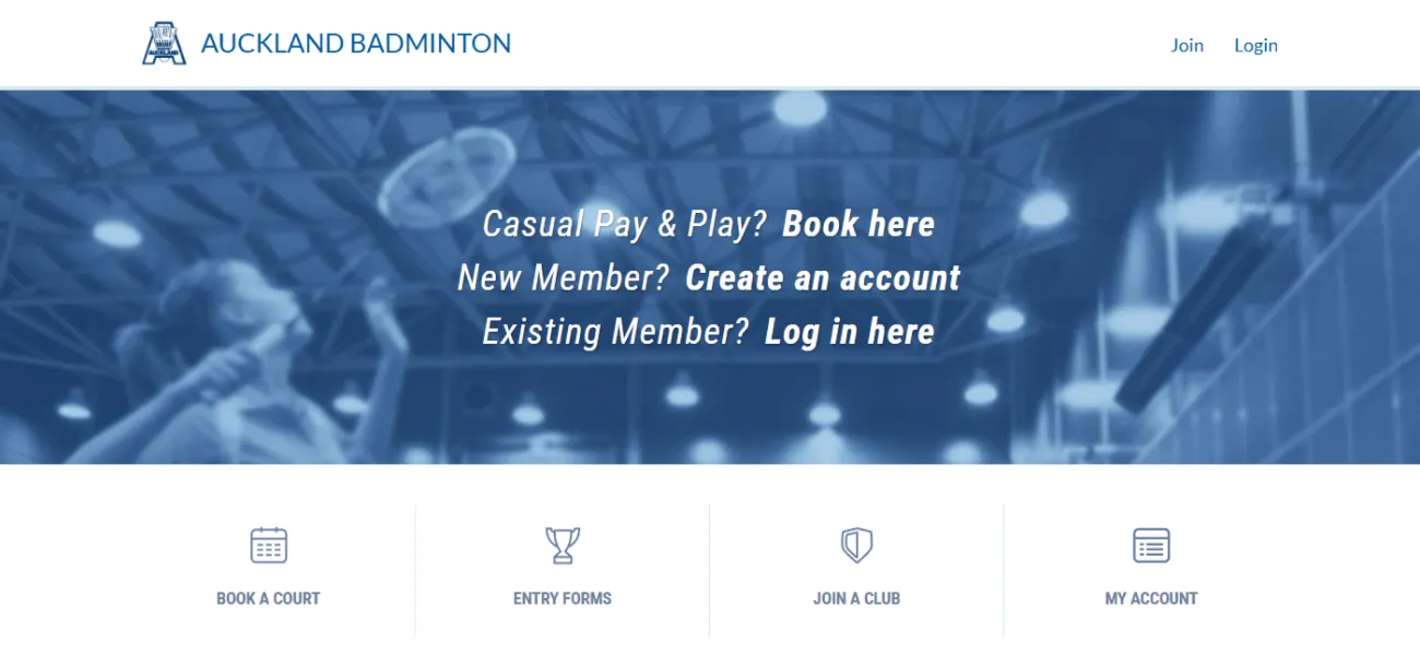 The Auckland Badminton homepage: the banner and four entry points to book a court, entry forms, join a club and my account