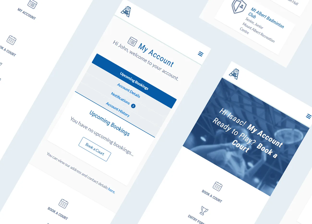 The member area on mobile: account tabs, upcoming bookings and a club listing