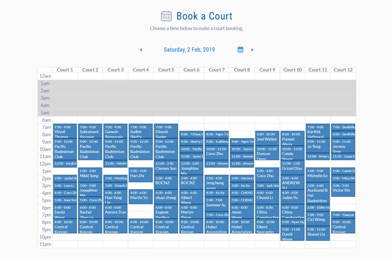 The book a court grid for one Saturday, twelve courts across the day with bookings filled in