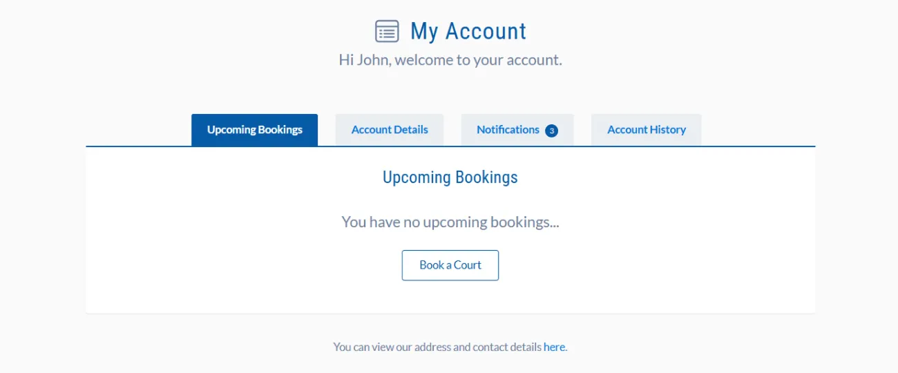 The my account page with tabs for upcoming bookings, account details, notifications and account history