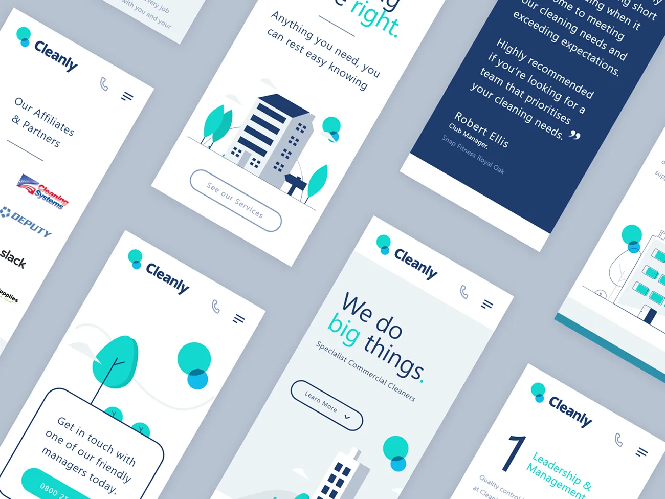 Cleanly mobile pages: partners, services, a client testimonial and the contact prompt