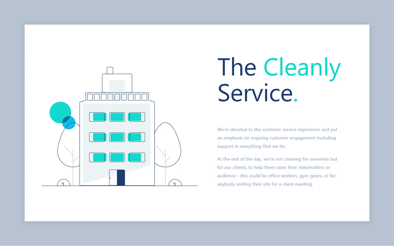 The Cleanly service section: an illustrated office building beside the service description