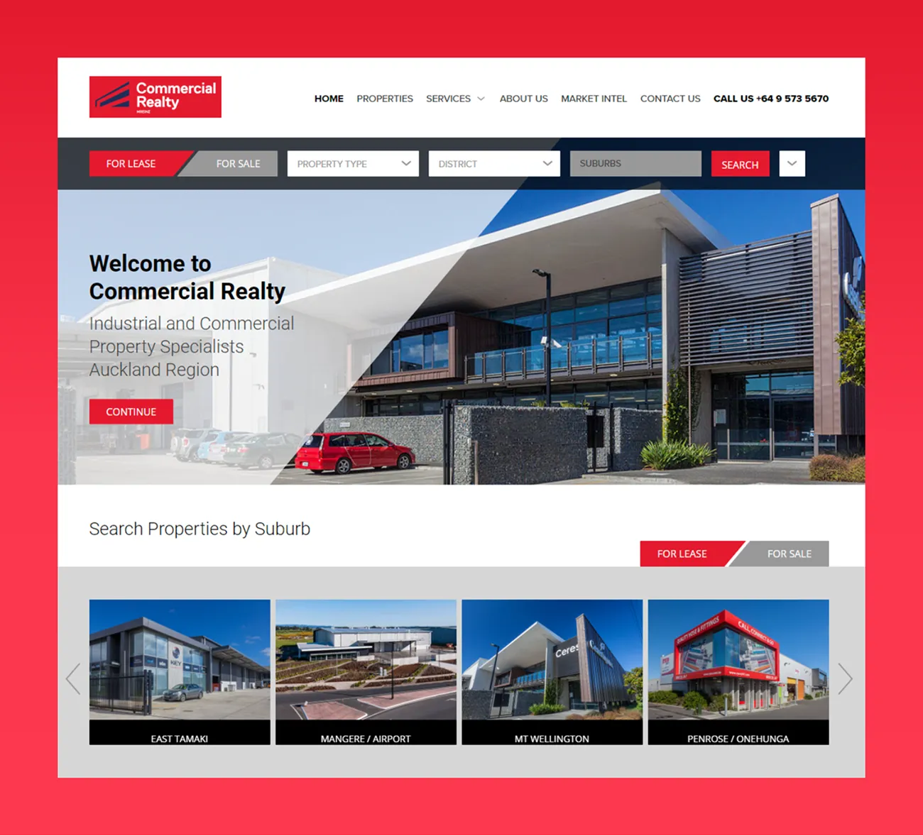 The Commercial Realty website homepage with a property search bar and listings grouped by suburb