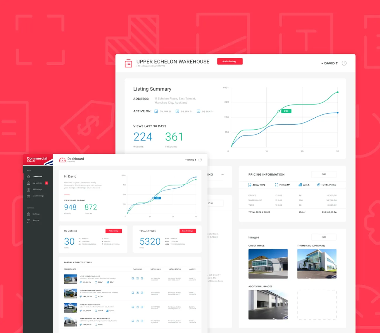 The listing dashboard beside a single listing's summary, pricing table and image slots
