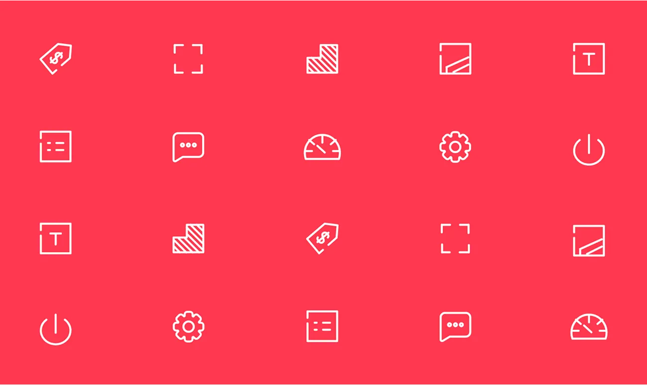 The custom icon set drawn for the listing system, on a red background