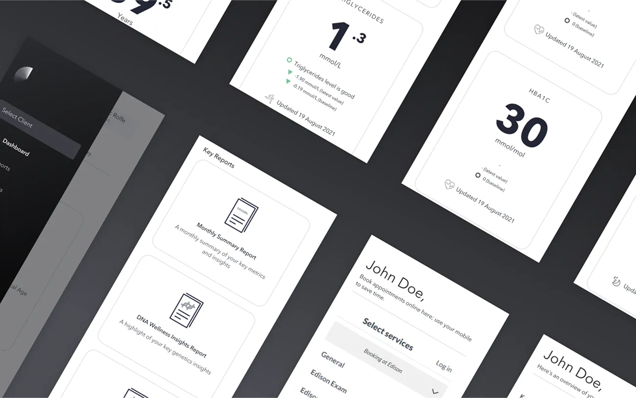 Edison on mobile: blood marker cards, the key reports list and an appointment booking screen