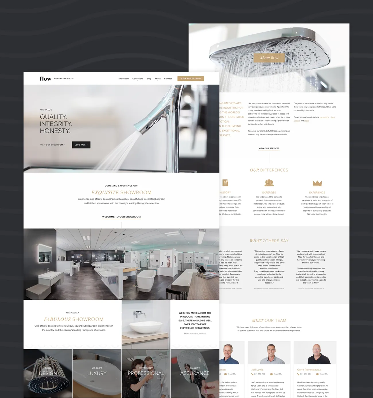 The Flow homepage and about page on desktop, with showroom photography and the team