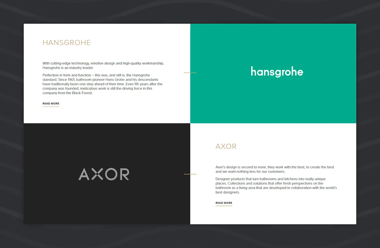 The Hansgrohe and Axor collection panels on the Flow website