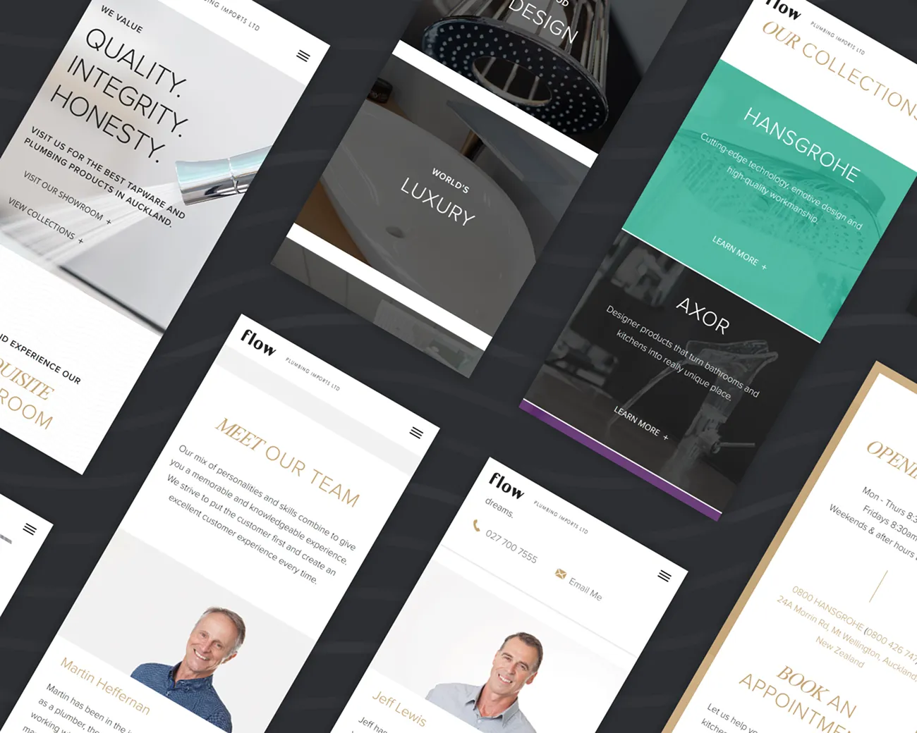 Flow mobile pages: values, collections, meet the team and opening hours