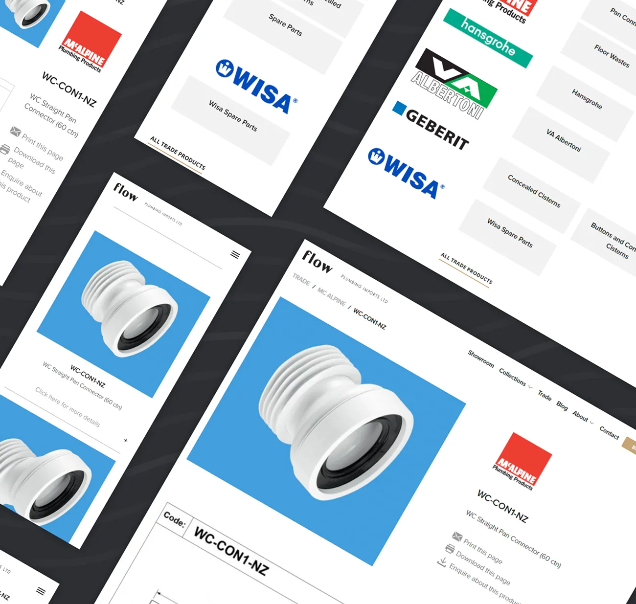 The Flow trade section: a product page for a pan connector with brand logos and trade categories