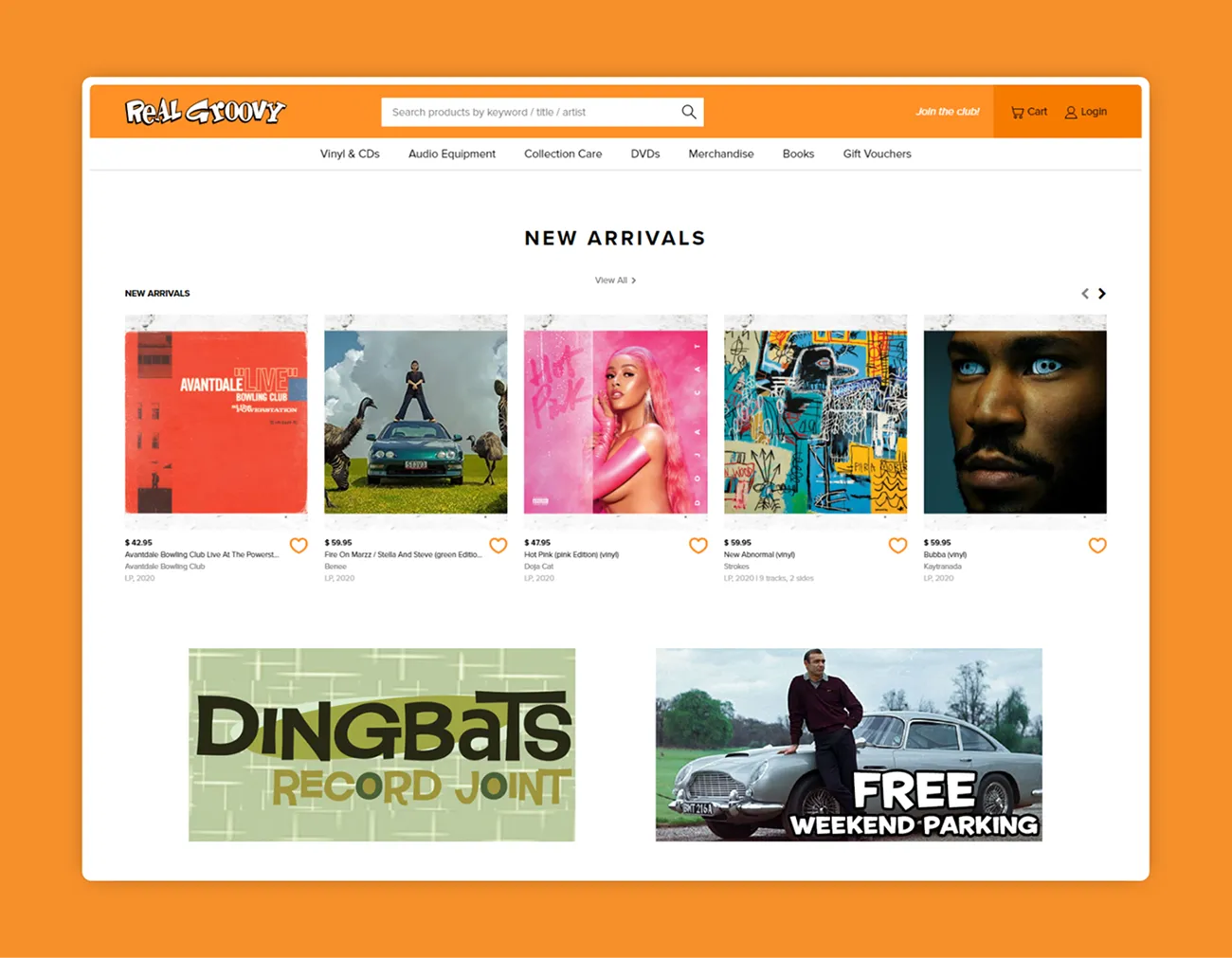 The Real Groovy homepage with the search bar, category navigation and a row of new vinyl arrivals