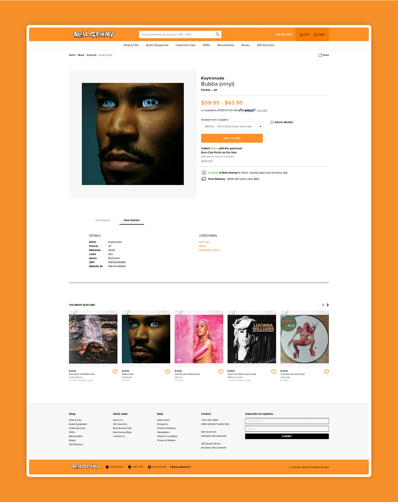 A Real Groovy product page for a vinyl LP, with price, supplier stock options, item details and related titles
