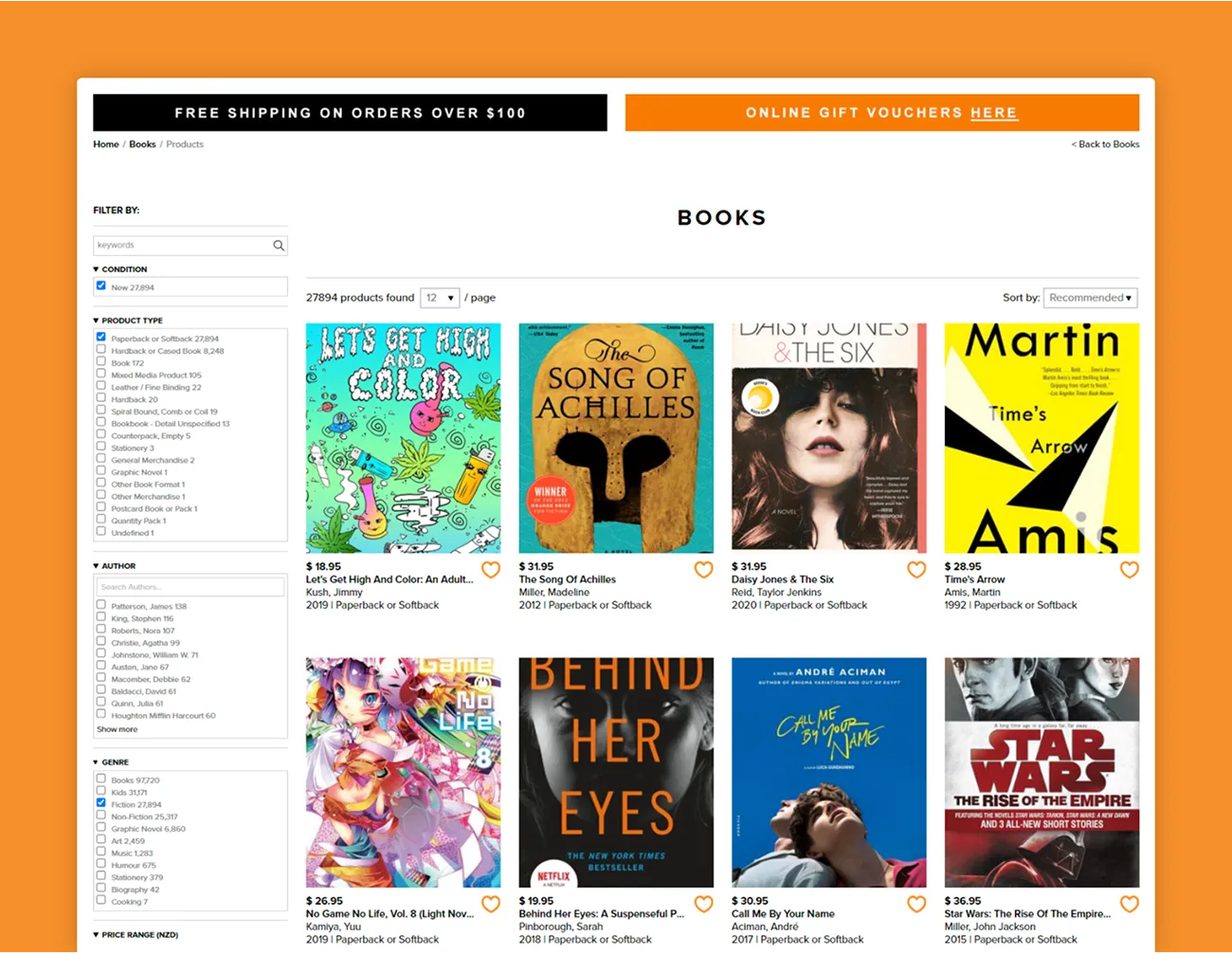 The books category page, with filters by condition, product type, author and genre beside a grid of results