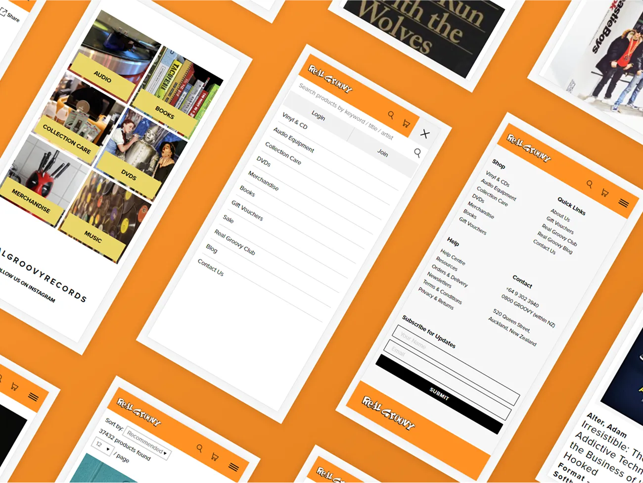 Real Groovy on mobile: category tiles, the slide-out menu, the footer and a product listing