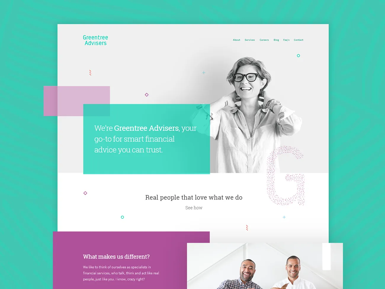 The Greentree Advisers homepage in the new teal and plum identity, with team photography