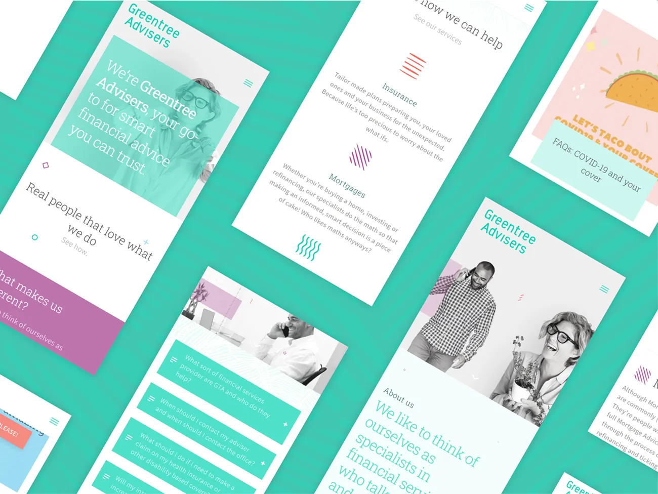 Greentree Advisers on mobile: the homepage, services, FAQs and the about page