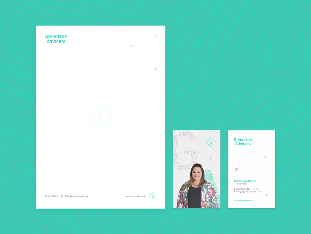 Greentree Advisers stationery: a letterhead, a team card and a business card in the new identity