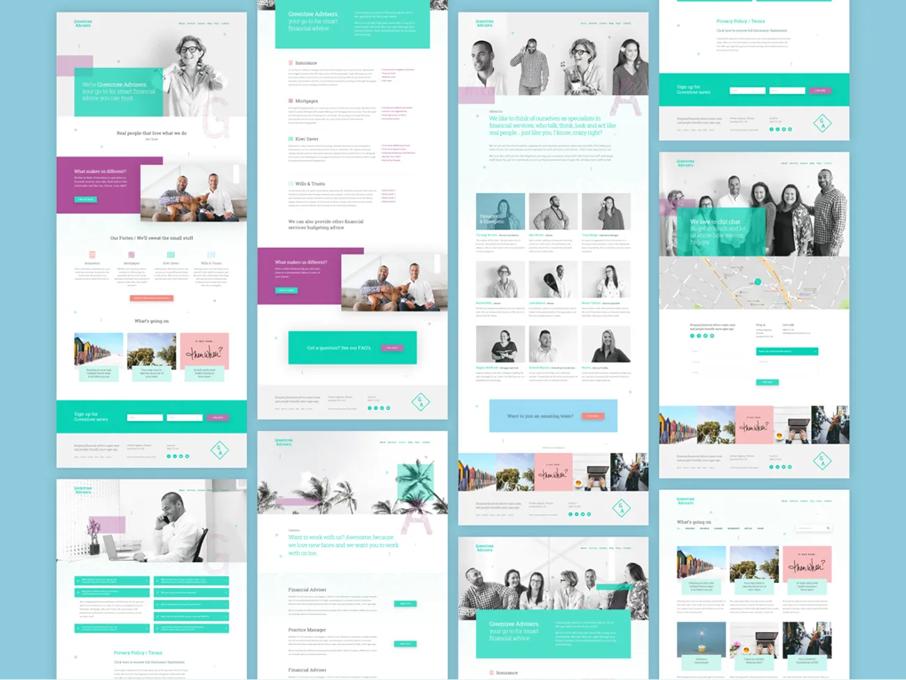 Every page of the Greentree Advisers website laid out on a blue background