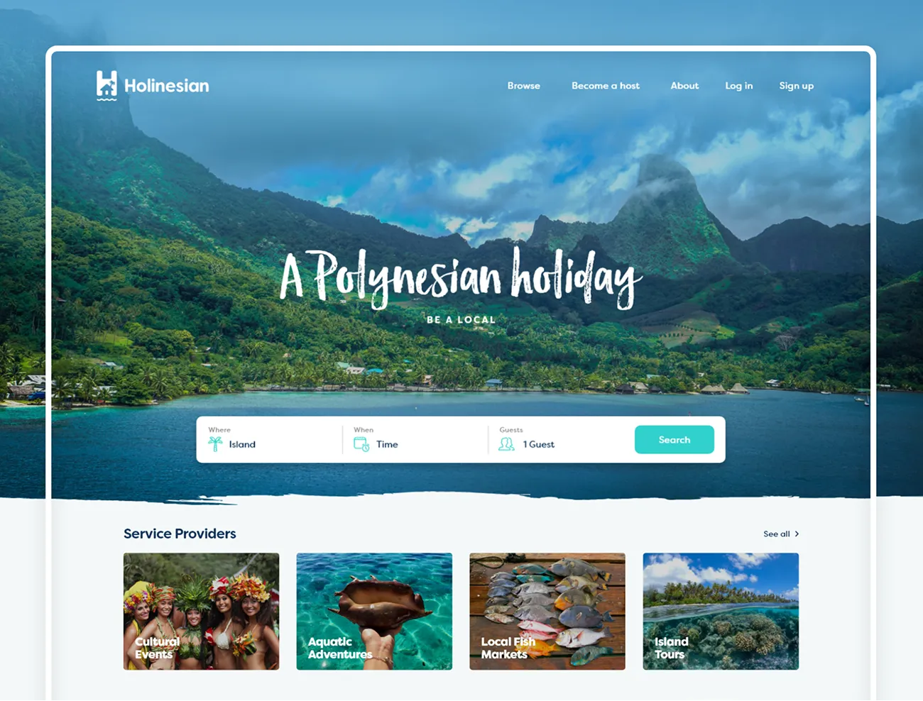 The Holinesian homepage with the search bar and a row of service providers: cultural events, aquatic adventures, fish markets and island tours