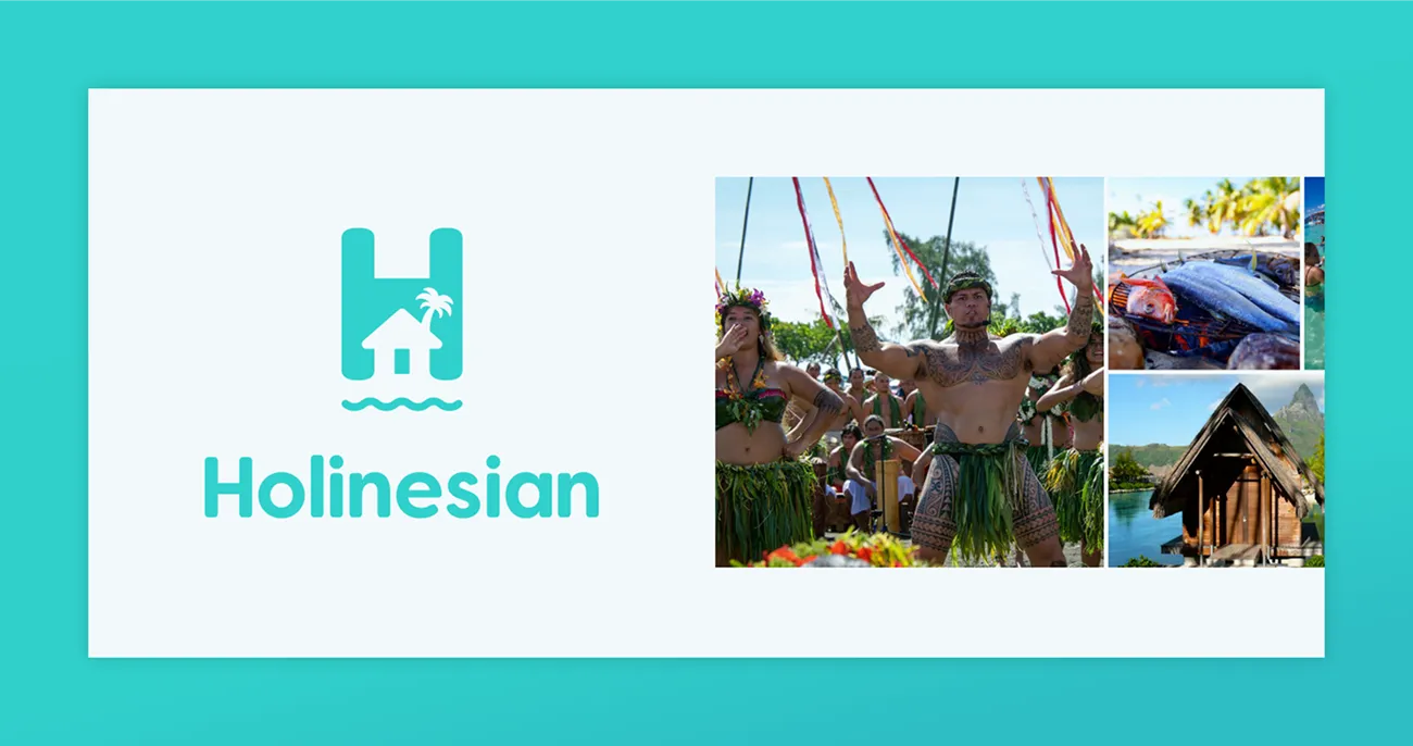 The Holinesian logo beside photographs of dancers, a fish market and an overwater bungalow