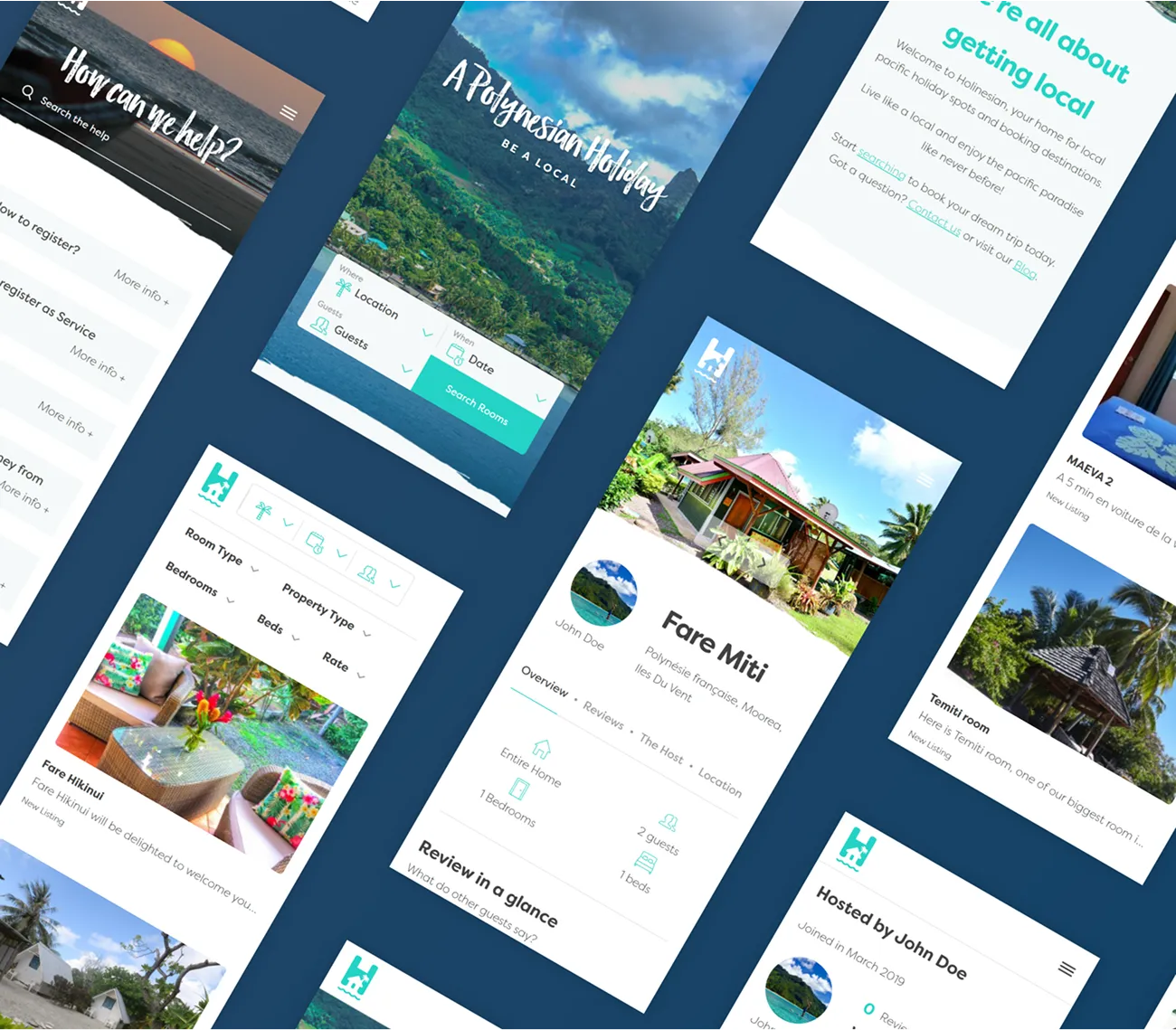 Holinesian on mobile: help pages, the search screen, property listings and a host profile