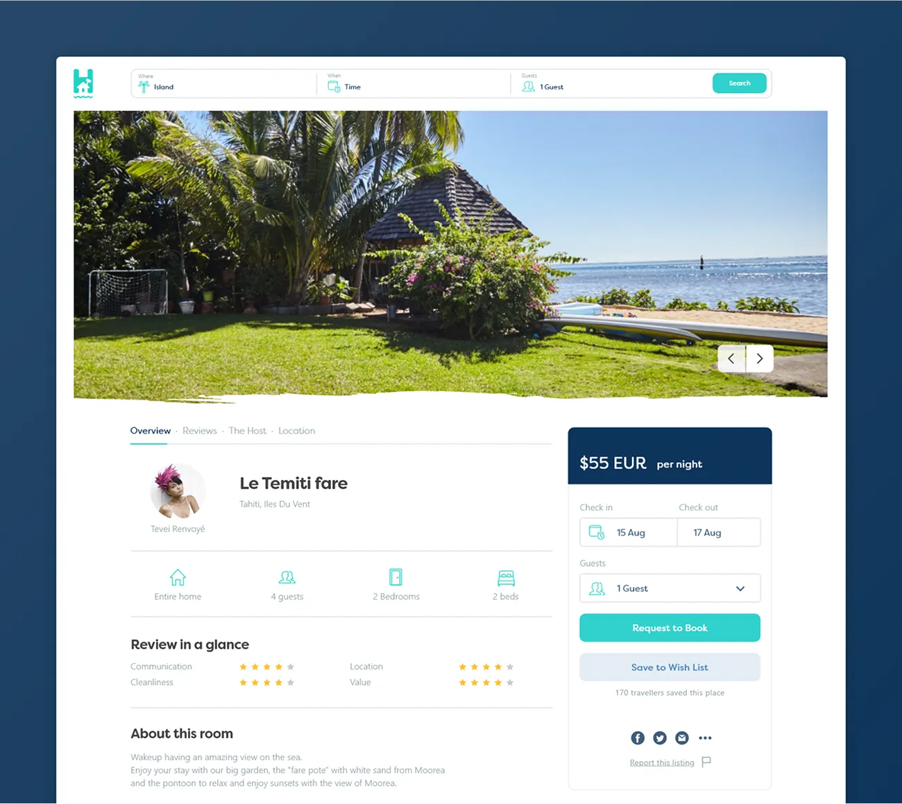 A Holinesian property page: photos, host, amenities, guest ratings and the request to book panel with the price per night
