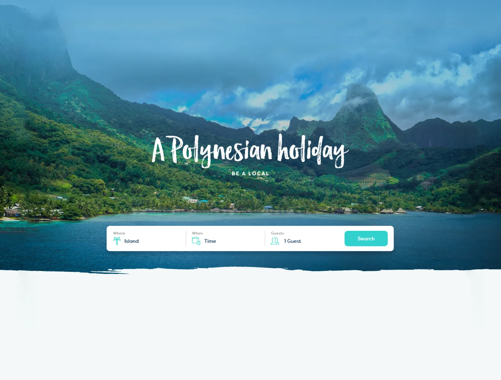 The Holinesian homepage: a Polynesian bay behind the headline A Polynesian holiday, with a search bar for island, dates and guests