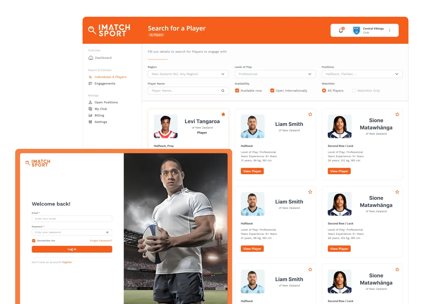 The iMatch Sport club view: a player search with filters and player cards, beside the login screen