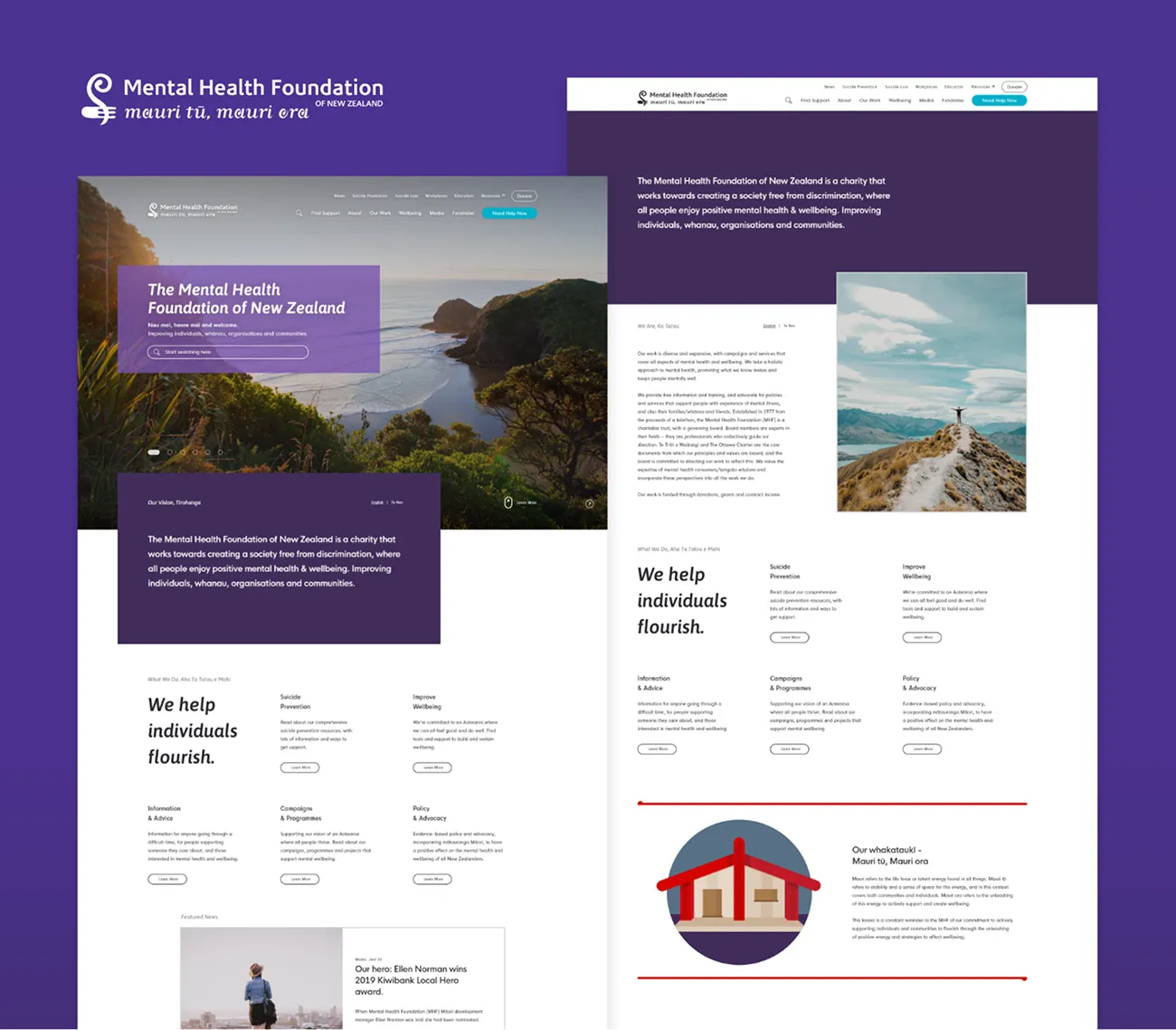 The Mental Health Foundation homepage and about page beside the refreshed logo and te reo tagline