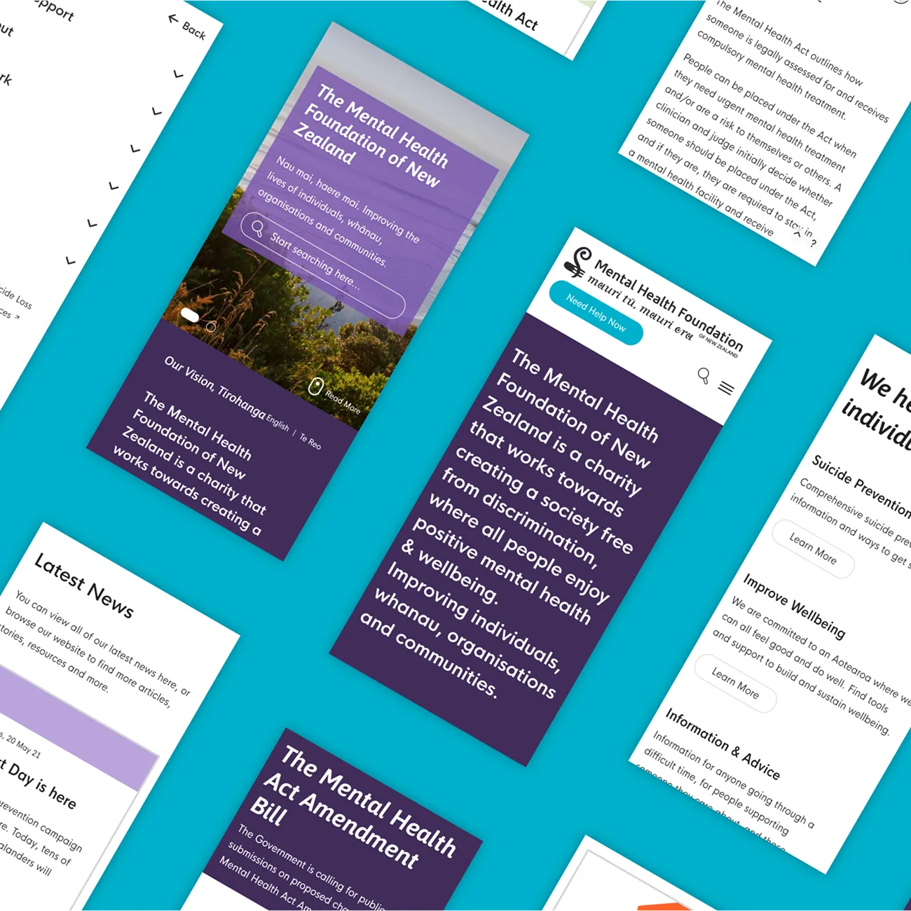 Mental Health Foundation pages on mobile: the homepage, the vision statement, latest news and the Mental Health Act pages