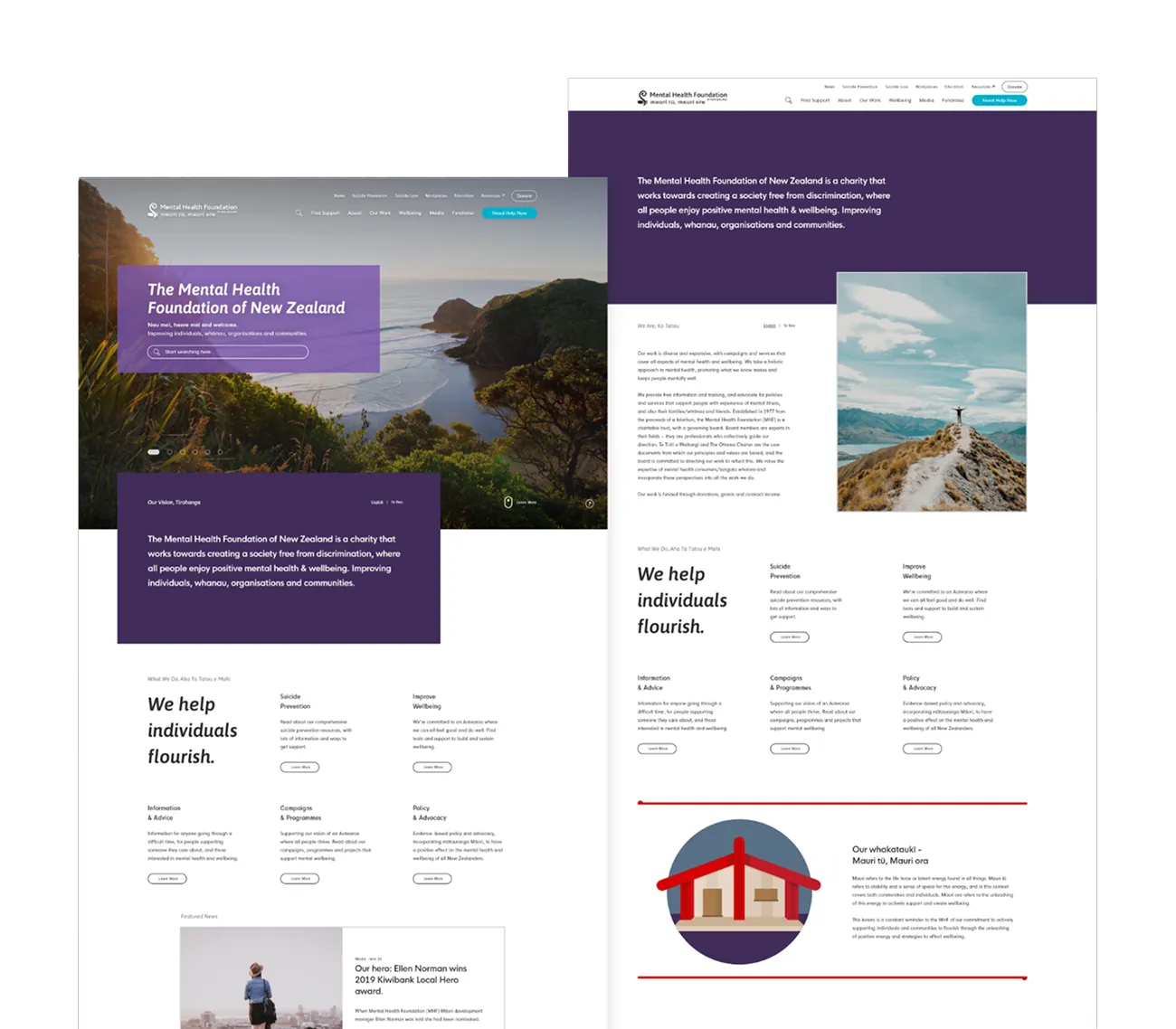 Two Mental Health Foundation web pages: the homepage with a coastal hero image, and the about page in the purple brand