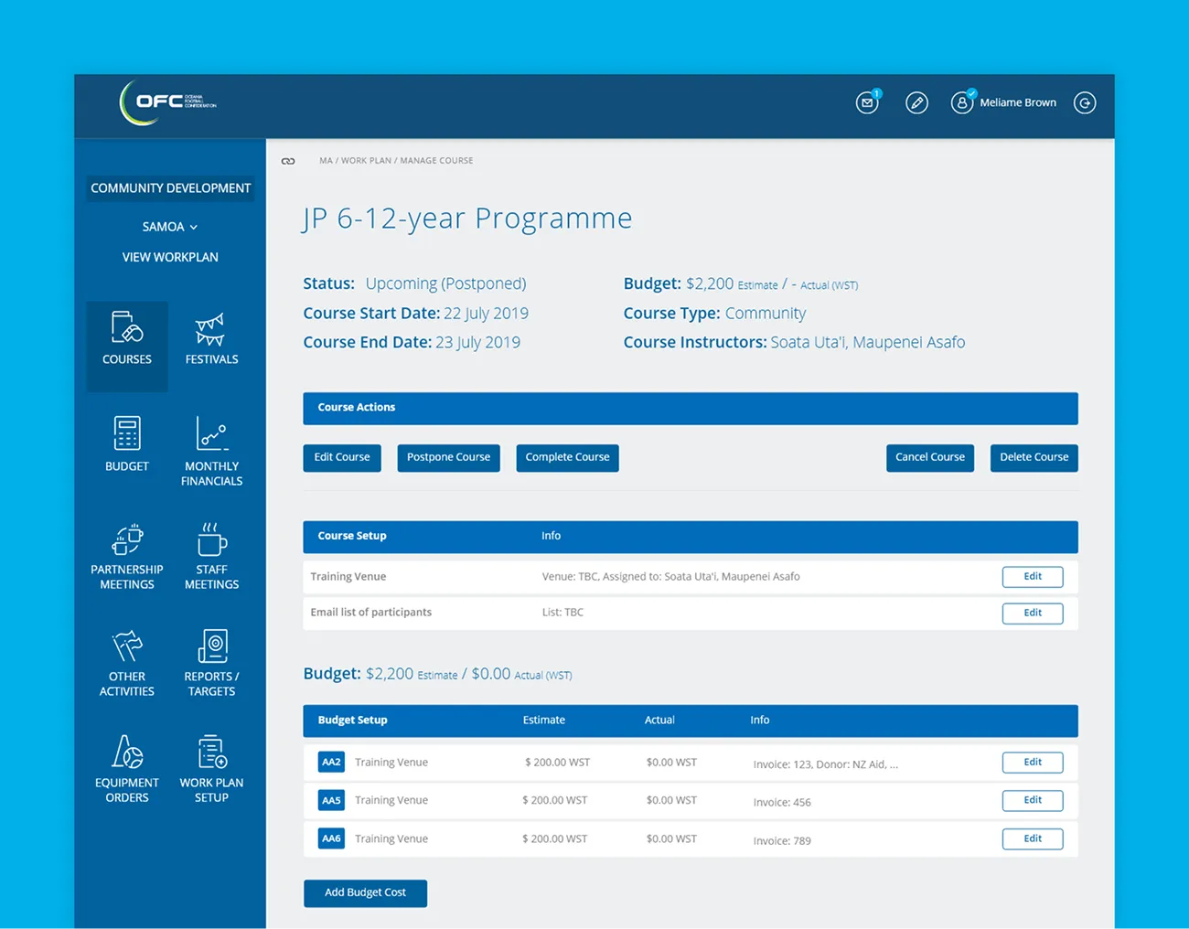 A course page in the OFC platform: status, dates, instructors, course actions and the budget setup table
