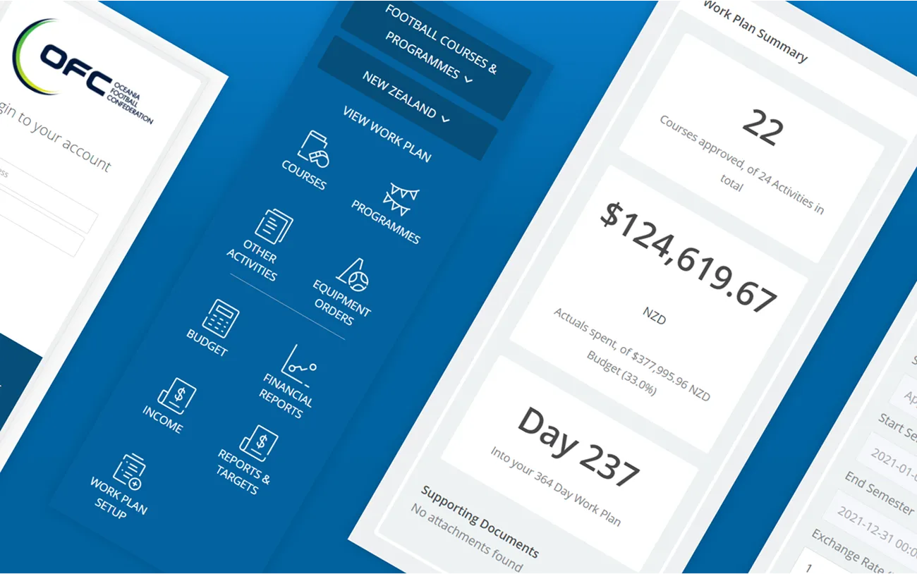 The OFC platform on mobile: the work plan menu and a summary of approved courses, actuals against budget and days into the plan