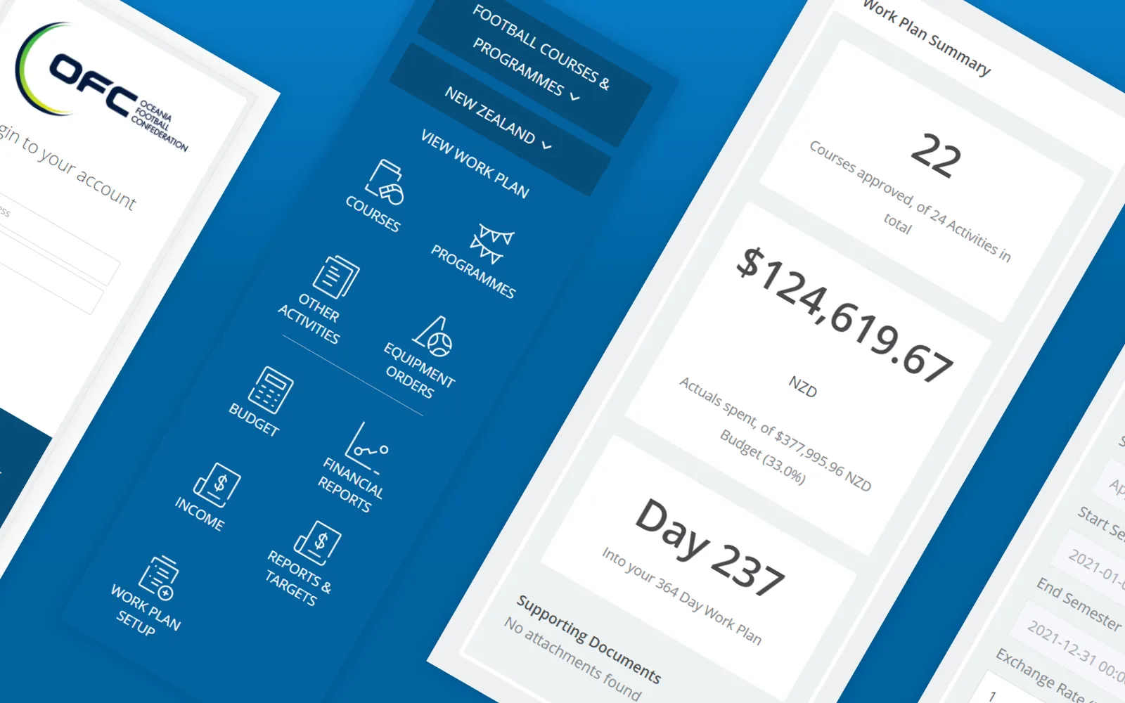 The OFC platform on mobile: the login screen, the work plan menu and a work plan summary of courses and spend