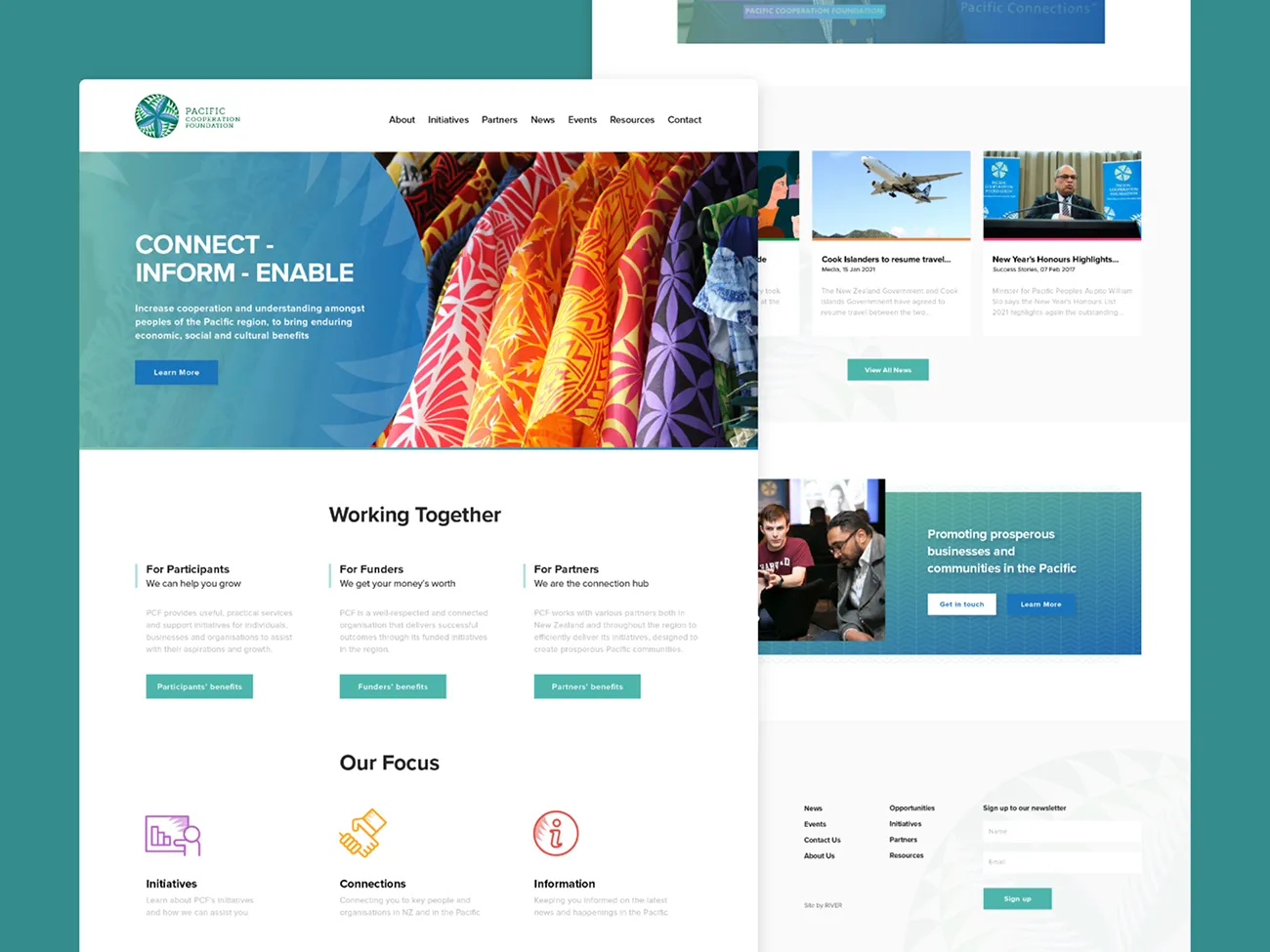 The PCF homepage on desktop: the hero, working together sections for participants, funders and partners, and news