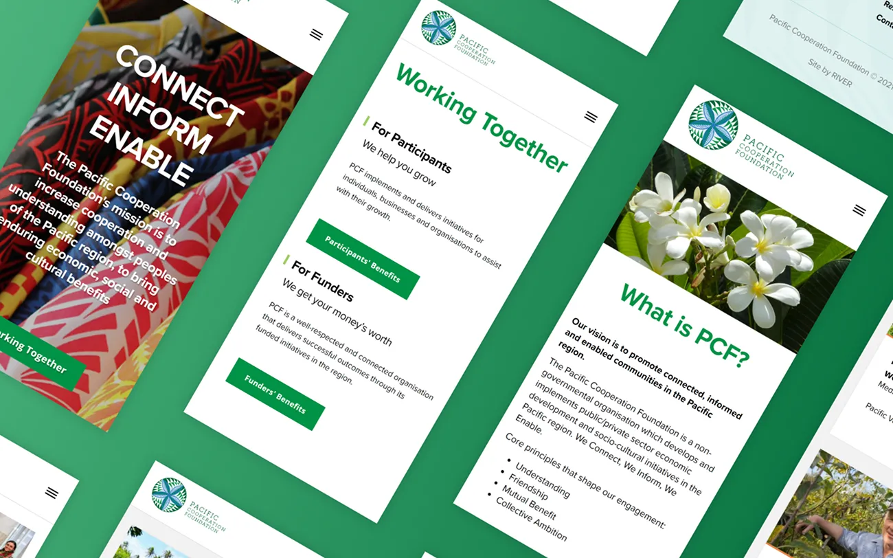 PCF on mobile: the hero, working together, and the What is PCF page with frangipani photography