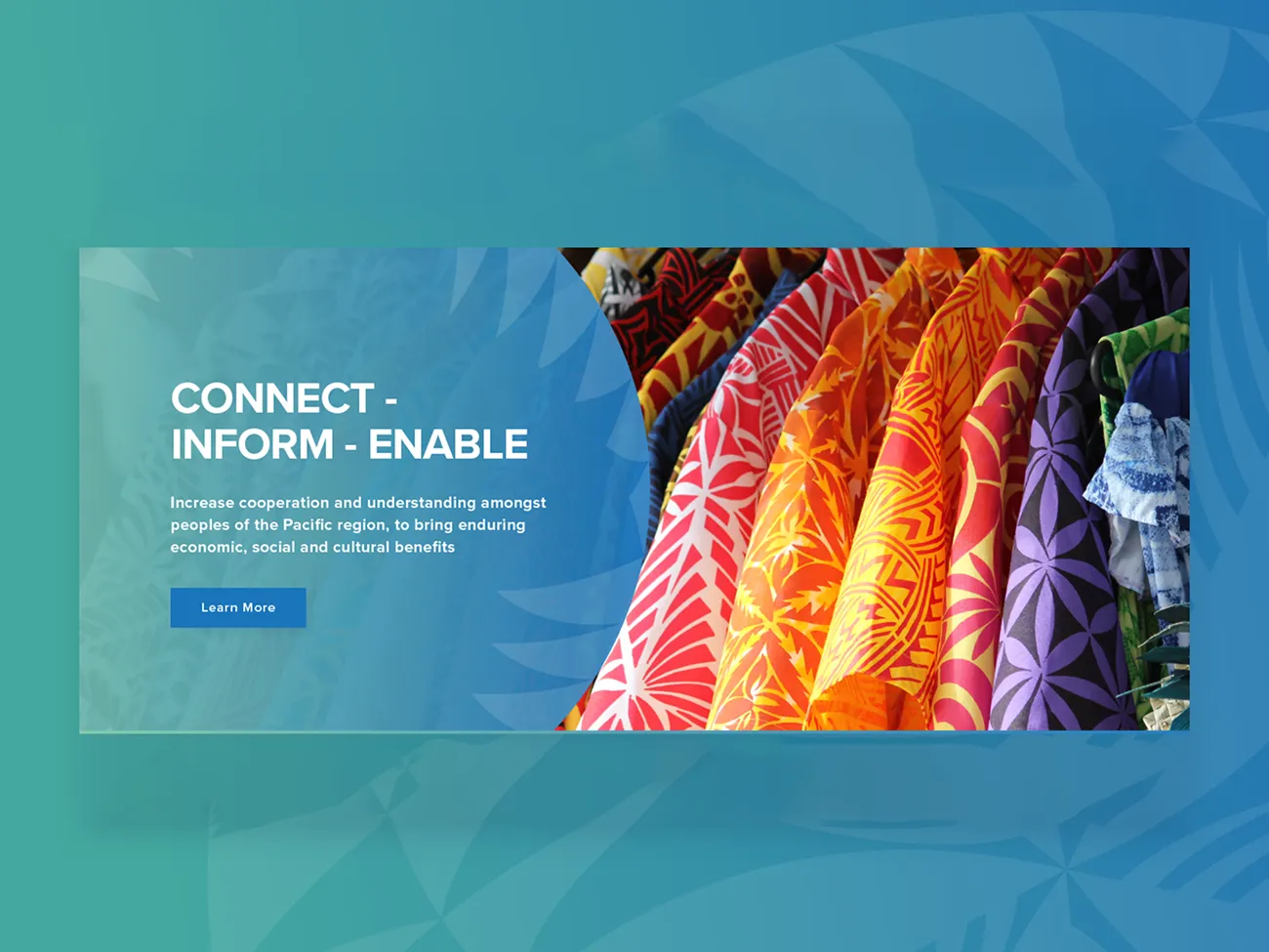 The PCF hero banner, Connect, Inform, Enable, beside a photograph of patterned Pacific fabrics