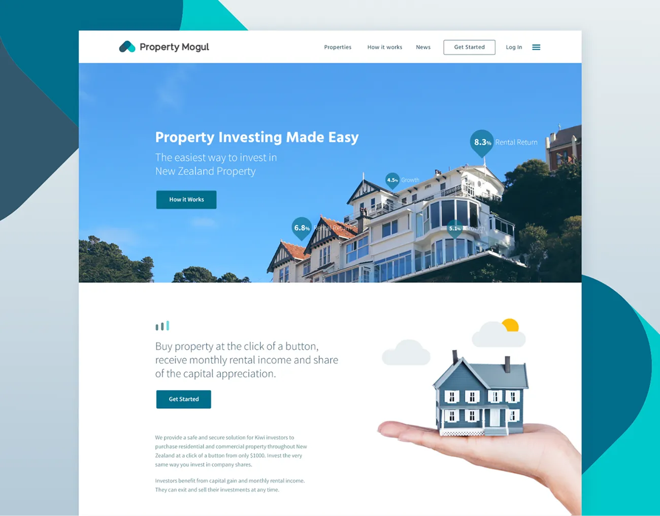 The Property Mogul homepage with the hero and the buy property at the click of a button section