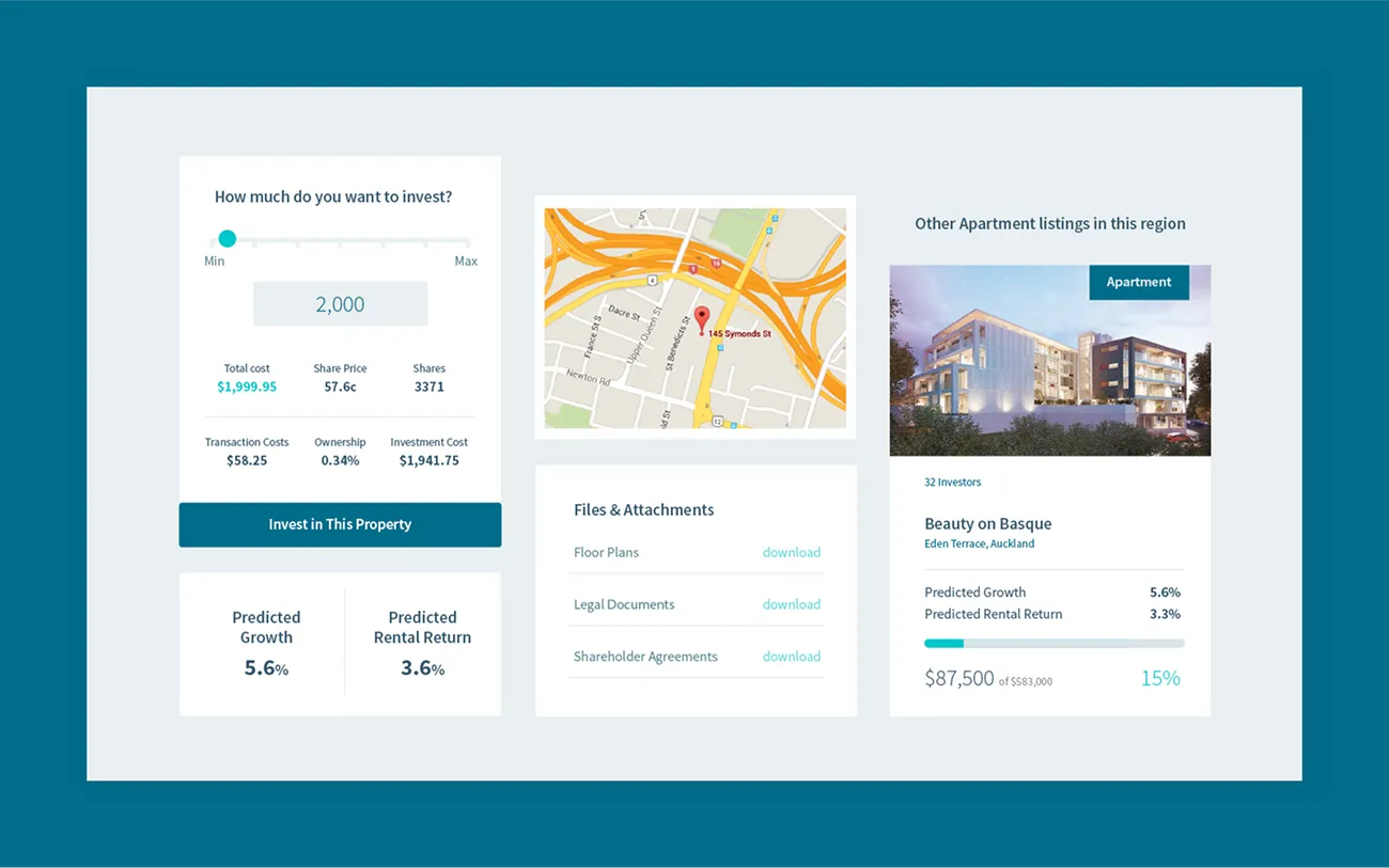 A property page: the invest slider with share price and costs, a map, documents to download and a related listing