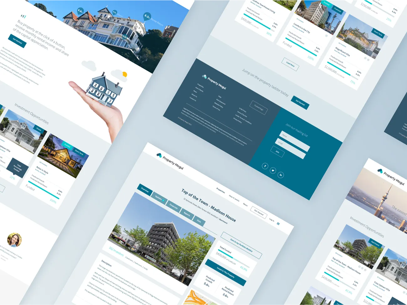 Property Mogul pages laid out together: the homepage, listings, a property detail page and the footer