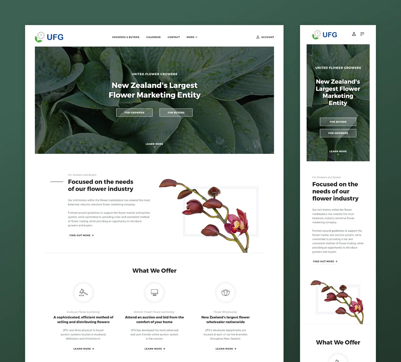 The UFG homepage with entry points for growers and buyers and the three services offered