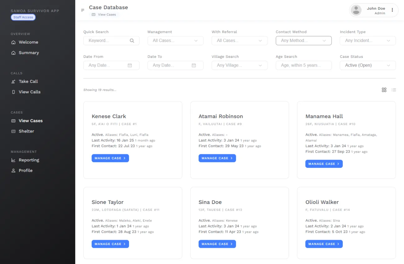 The case database, filtered by referral, contact method, incident type and village, showing active cases as cards