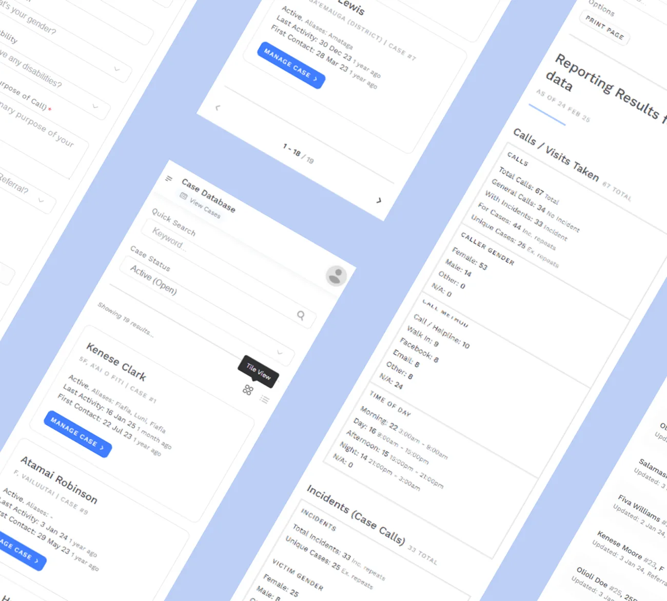 Phone and desktop views of the case database, a case card and the reporting results page
